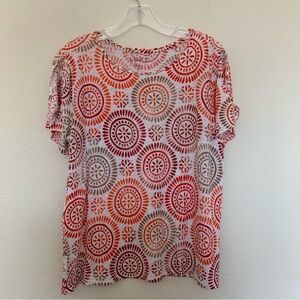 LOFT Orange & Pink Medallion Short Sleeve Linen Tee Large Lightweight Summer